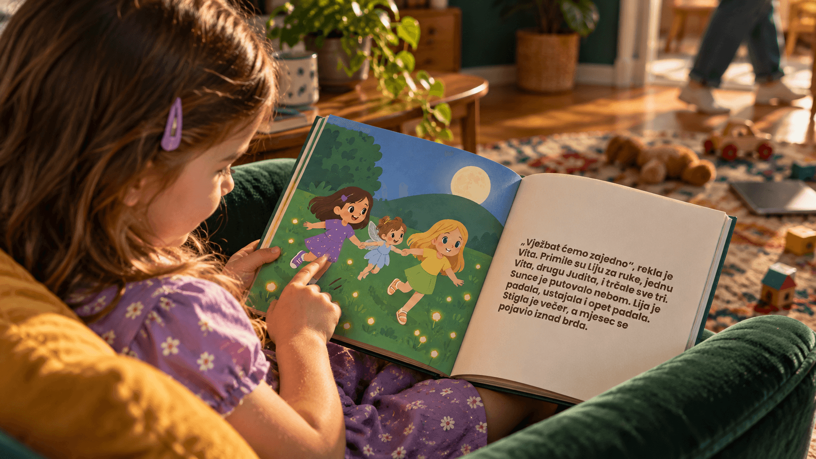 Djevojčica u fotelji zadubljeno čita slikovnicu i prstom pokazuje ilustraciju, dok je soba oko nje zamućena