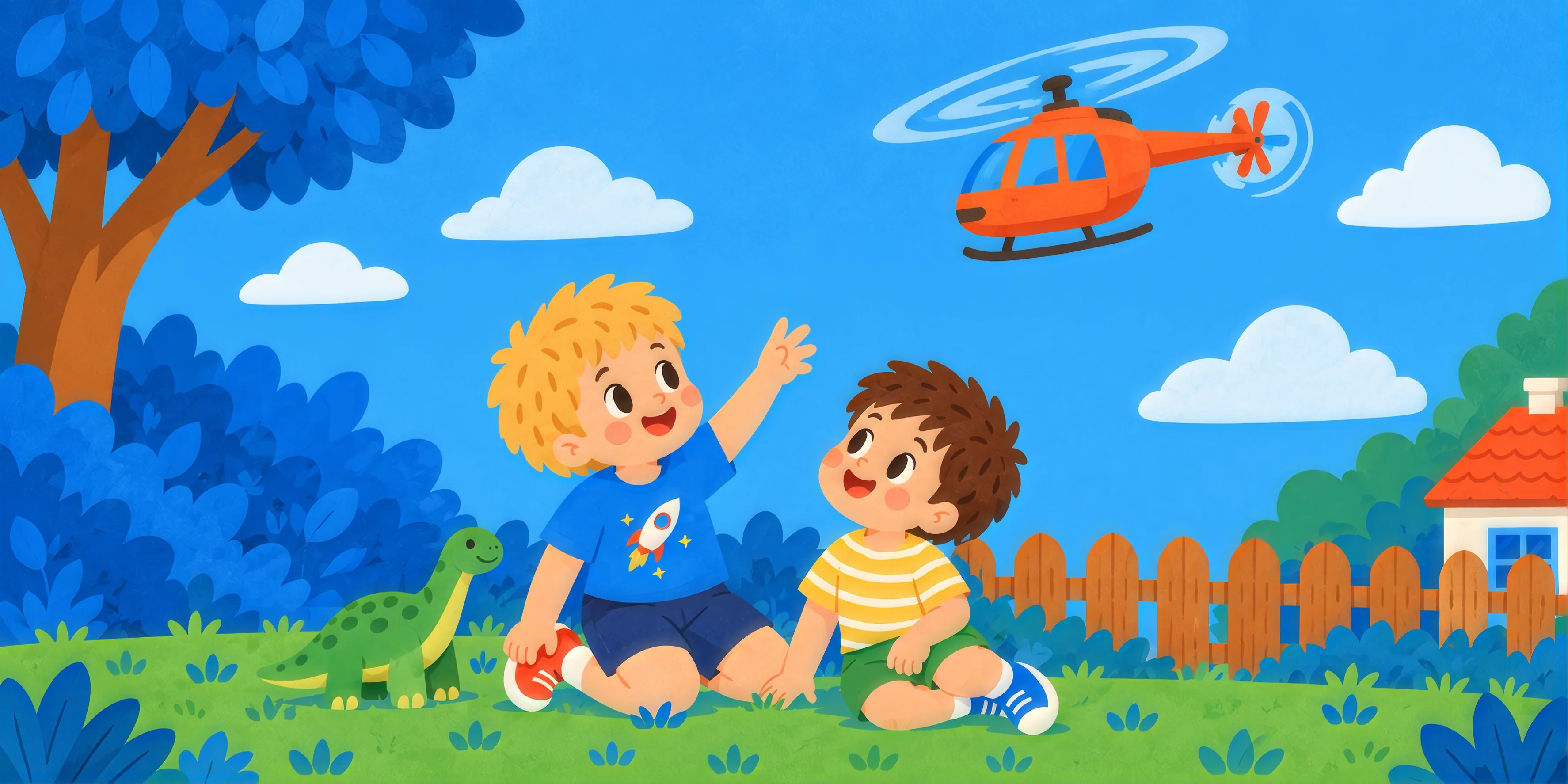 Ilustracija iz priče „Roko, Dino i hepikopter”: Roko u plavoj majici, njegov prijatelj Luka, dinosaur Dino i helikopter na nebu